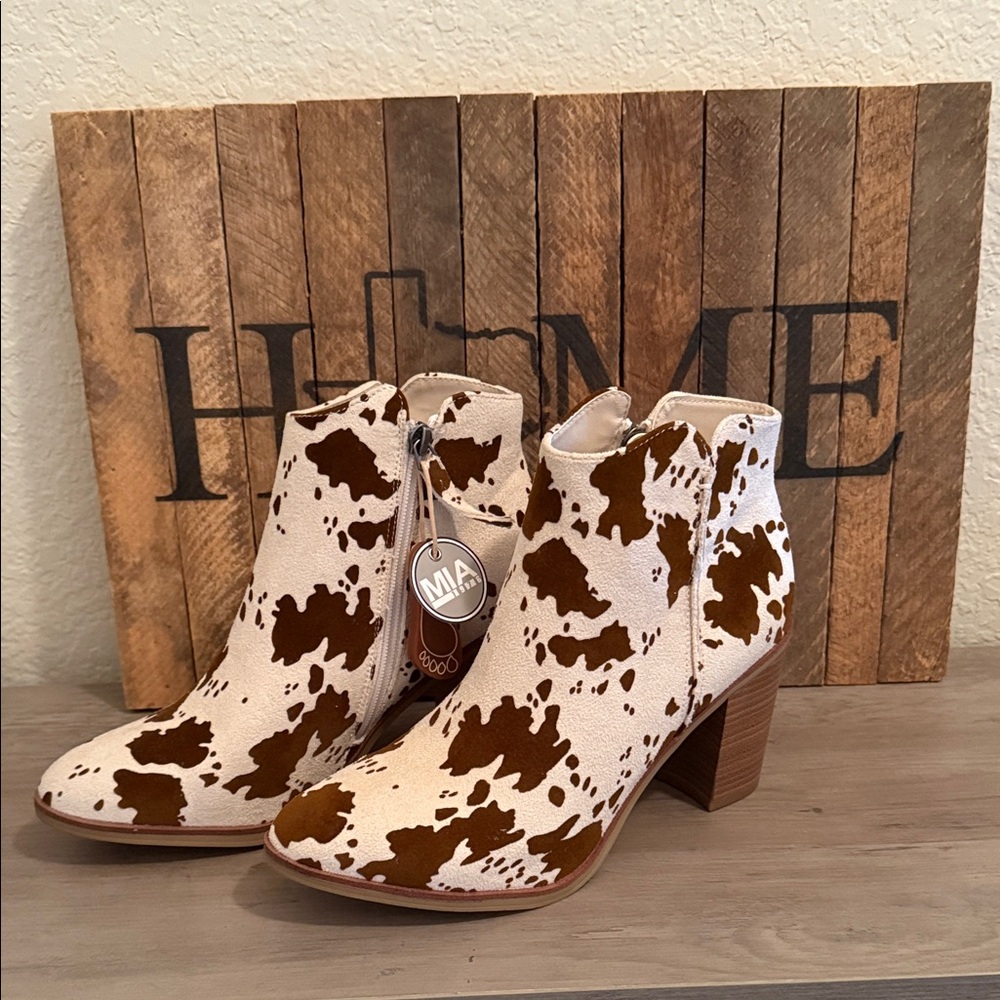 MIA Brown and White Cow Print Boots